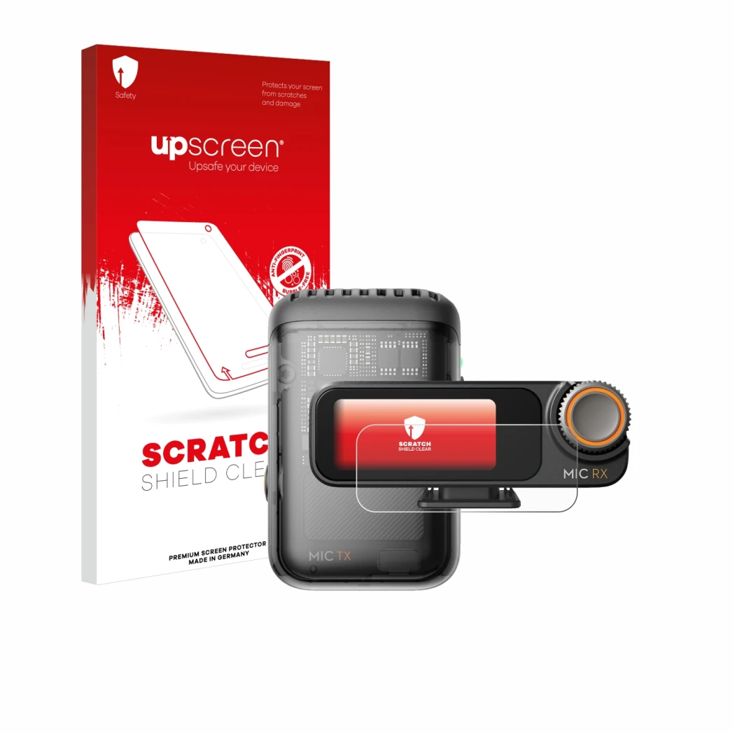 Front side of a product packaging with the brand logo upscreen. Next to it is the device DJI Mic 2 (Receiver) shown with the c