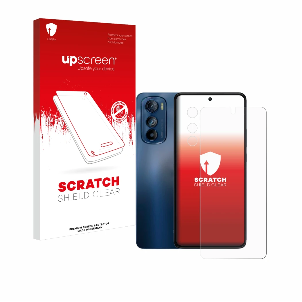 Front side of a product packaging with the brand logo upscreen. Next to it is the device Motorola Edge 30 (Front+Camera) shown