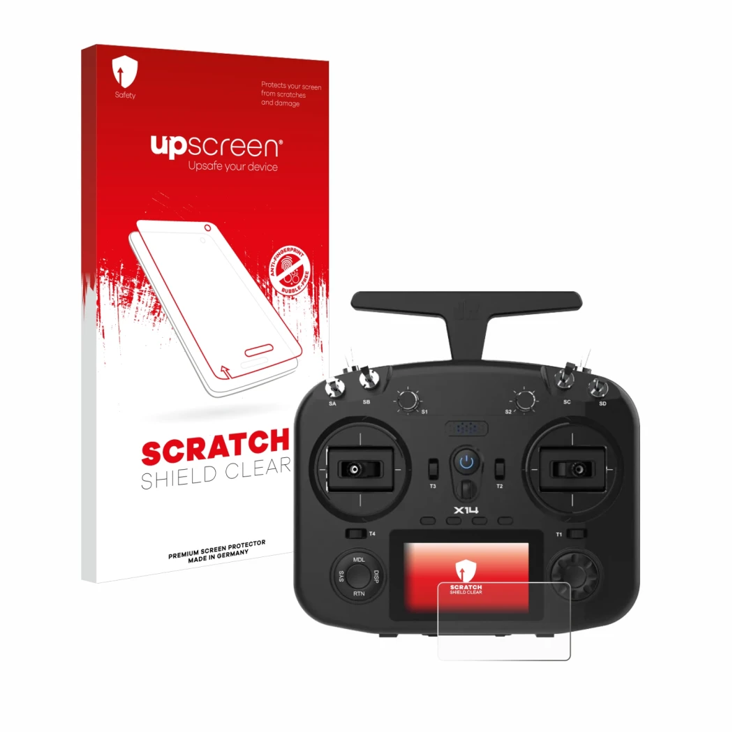 Front side of a product packaging with the brand logo upscreen. Next to it is the device FrSky TWIN X14 shown with the corresp