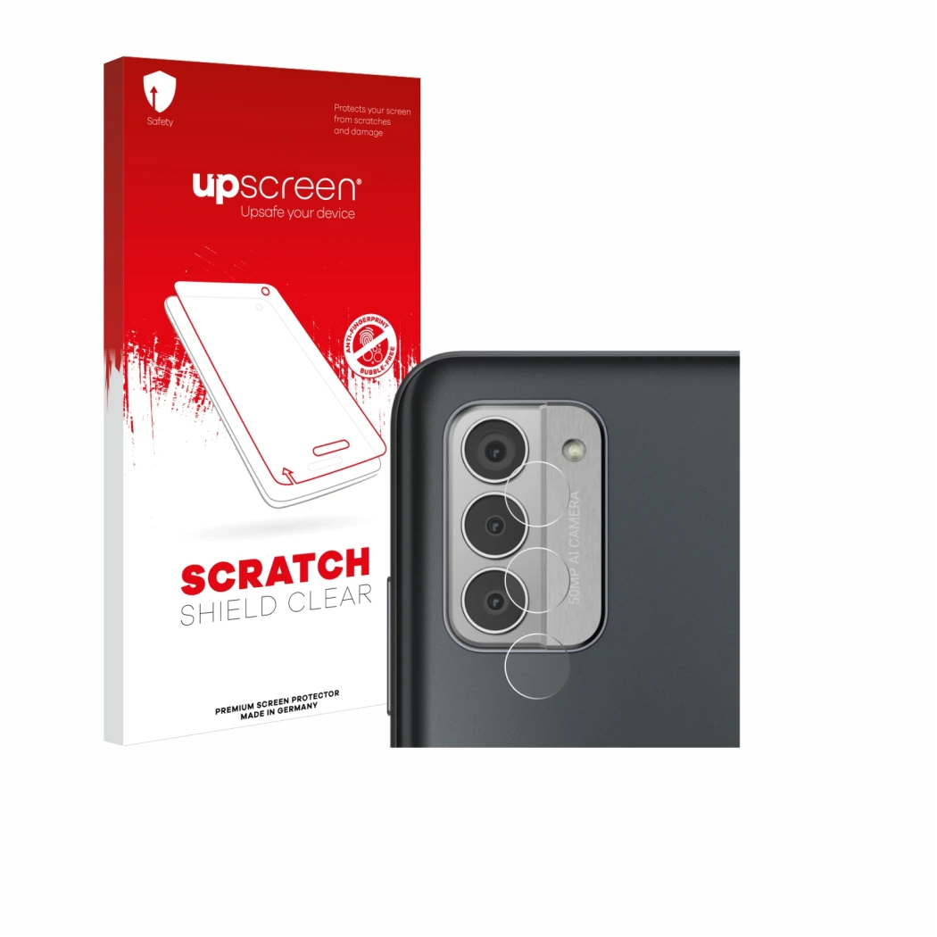 Front side of a product packaging with the brand logo upscreen. Next to it is the device Nokia G42 5G (ONLY Camera Lens) shown