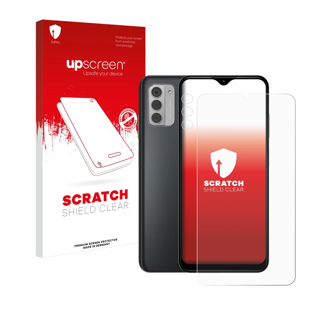 Front side of a product packaging with the brand logo upscreen. Next to it is the device Nokia G42 5G (Front+Camera) shown wit
