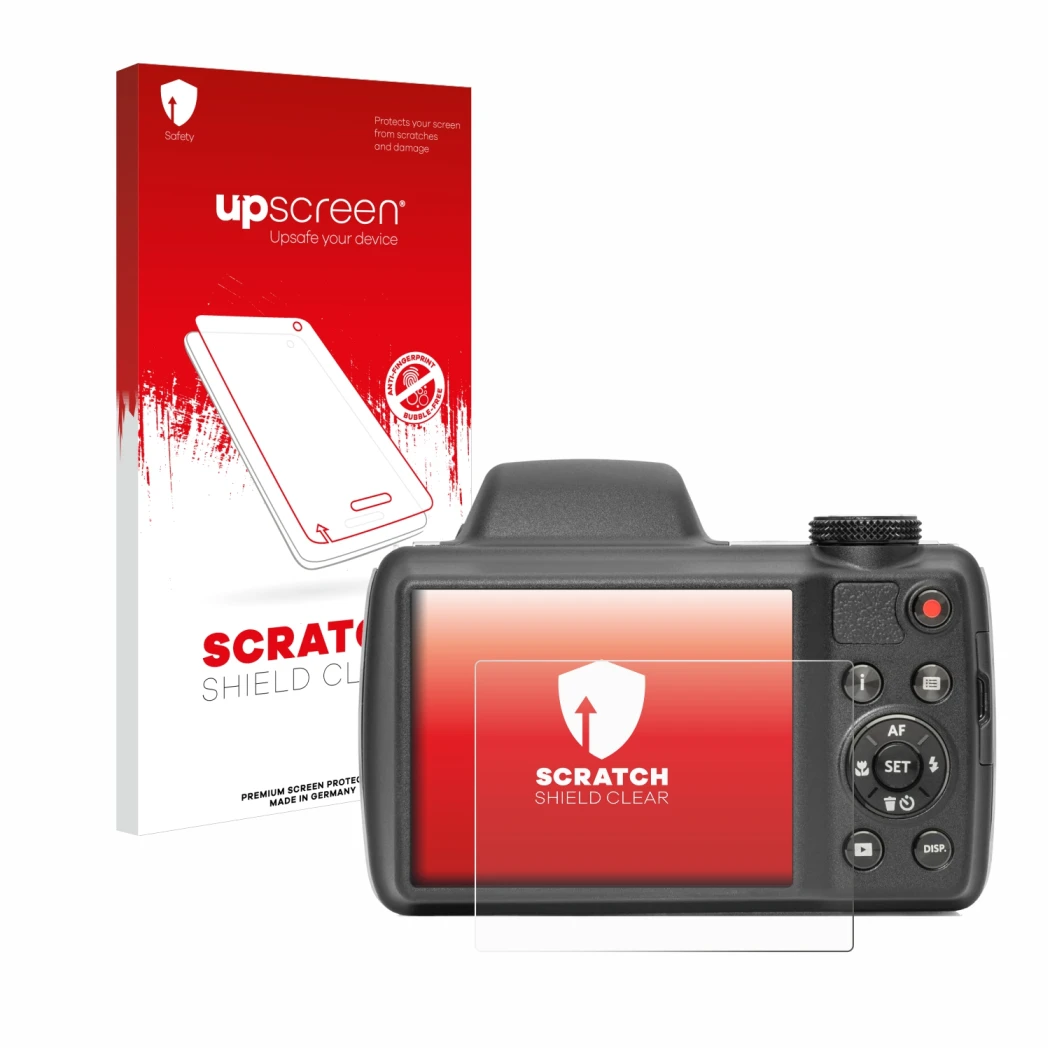 Front side of a product packaging with the brand logo upscreen. Next to it is the device Kodak Pixpro AZ528 shown with the cor