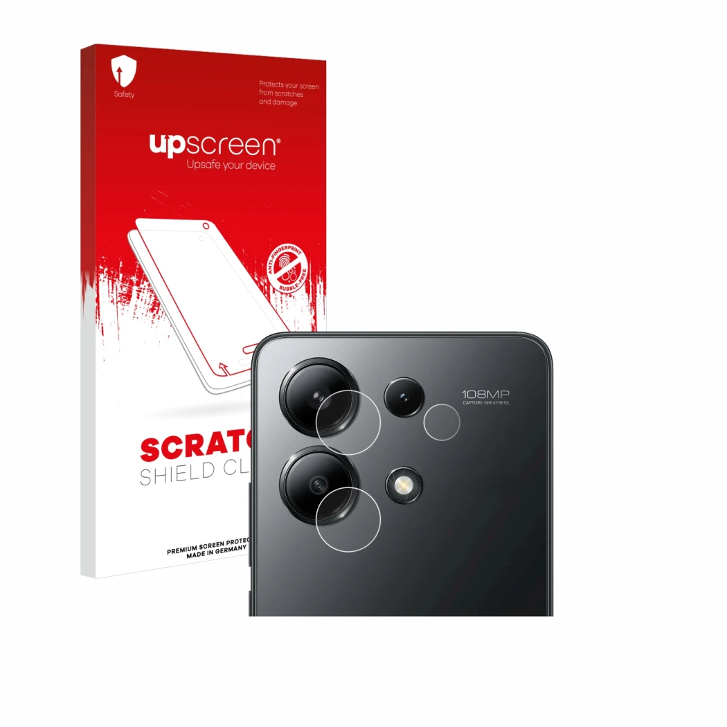 Front side of a product packaging with the brand logo upscreen. Next to it is the device Xiaomi Redmi Note 13 4G (ONLY Camera 