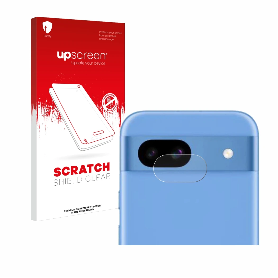 Front side of a product packaging with the brand logo upscreen. Next to it is the device Google Pixel 8a (ONLY Camera Lens) sh