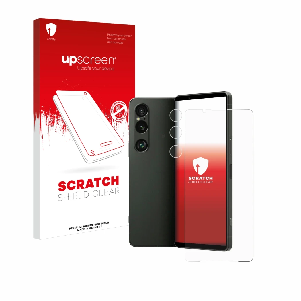 Front side of a product packaging with the brand logo upscreen. Next to it is the device Sony Xperia 1 VI (Front+Camera) shown