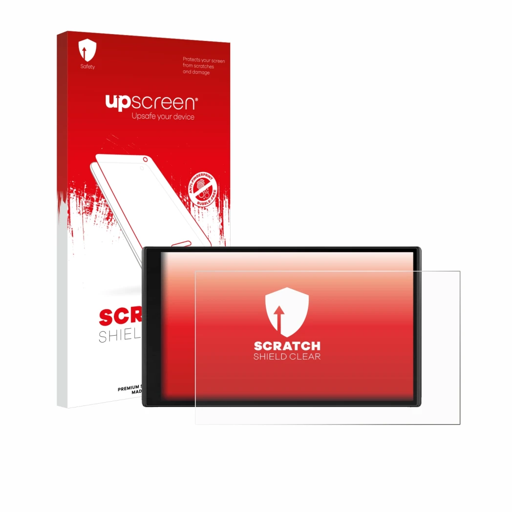 Front side of a product packaging with the brand logo upscreen. Next to it is the device Garmin CamperVan shown with the corre