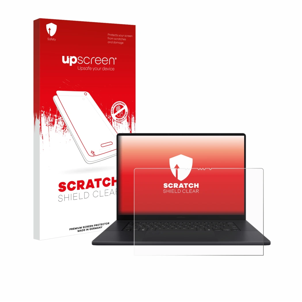 Front side of a product packaging with the brand logo upscreen. Next to it is the device ASUS ProArt P16 shown with the corres