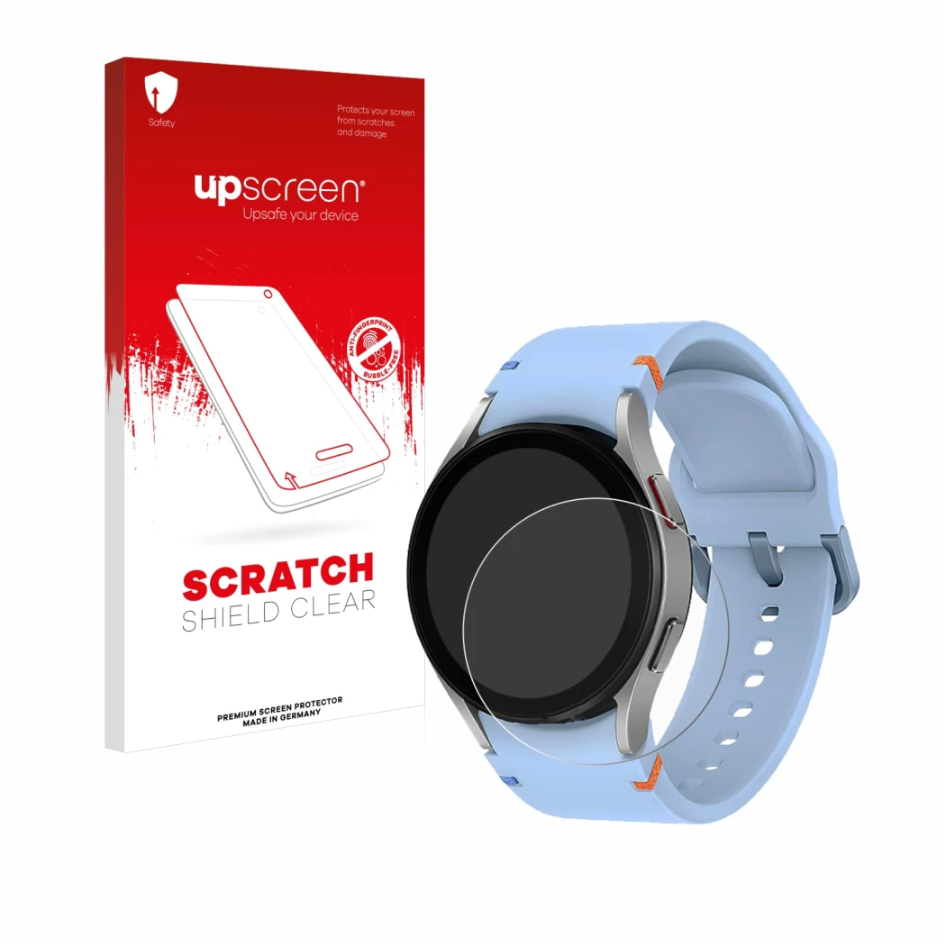 Front side of a product packaging with the brand logo upscreen. Next to it is the device Samsung Galaxy Watch FE shown with th