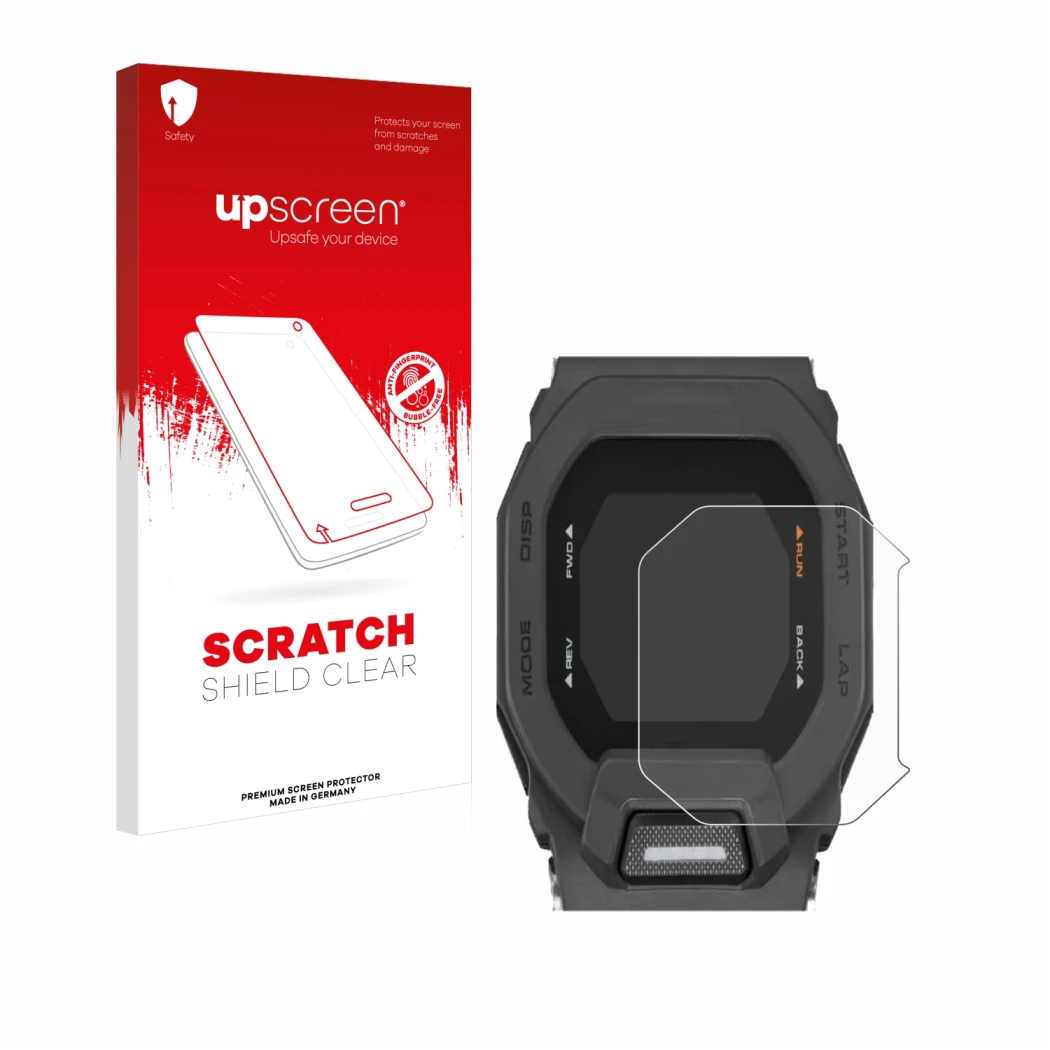 Front side of a product packaging with the brand logo upscreen. Next to it is the device Casio G-Shock GBD-200 shown with the 