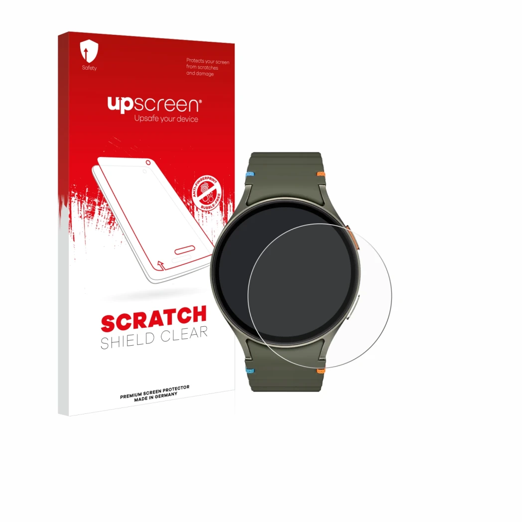 Front side of a product packaging with the brand logo upscreen. Next to it is the device Samsung Galaxy Watch 7 (44 mm) shown 