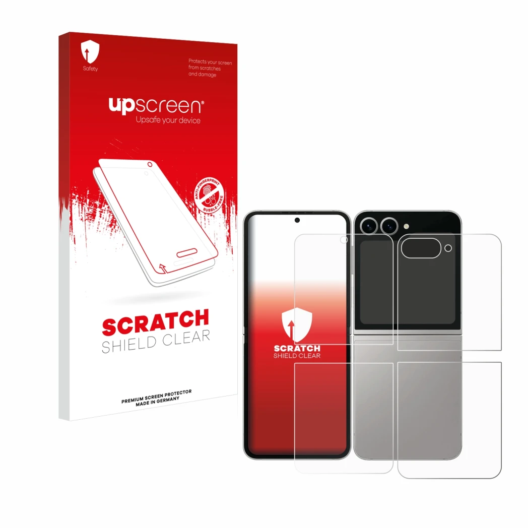 Front side of a product packaging with the brand logo upscreen. Next to it is the device Samsung Galaxy Z Flip 6 (Front+Back)