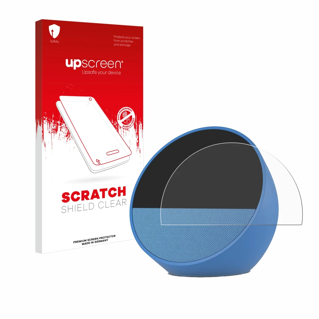 Front side of a product packaging with the brand logo upscreen. Next to it is the device Amazon Echo Spot 2024 shown with the 