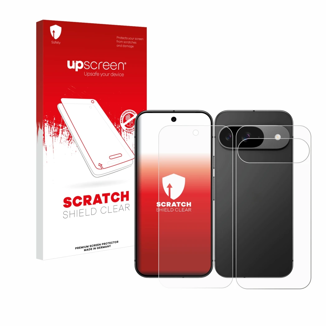 Front side of a product packaging with the brand logo upscreen. Next to it is the device Google Pixel 9 (Front+Back) shown wit