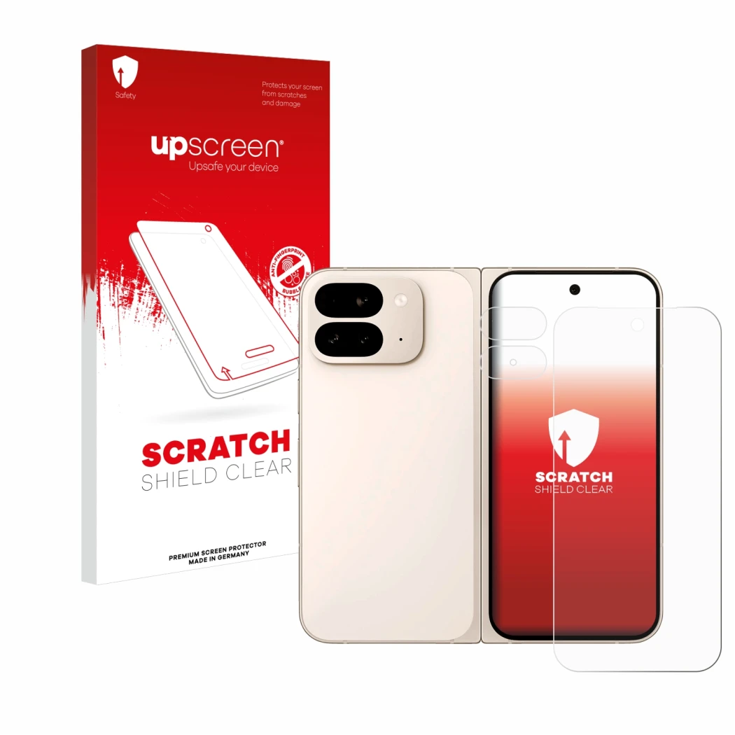 Front side of a product packaging with the brand logo upscreen. Next to it is the device Google Pixel 9 Pro Fold (Front+Camera