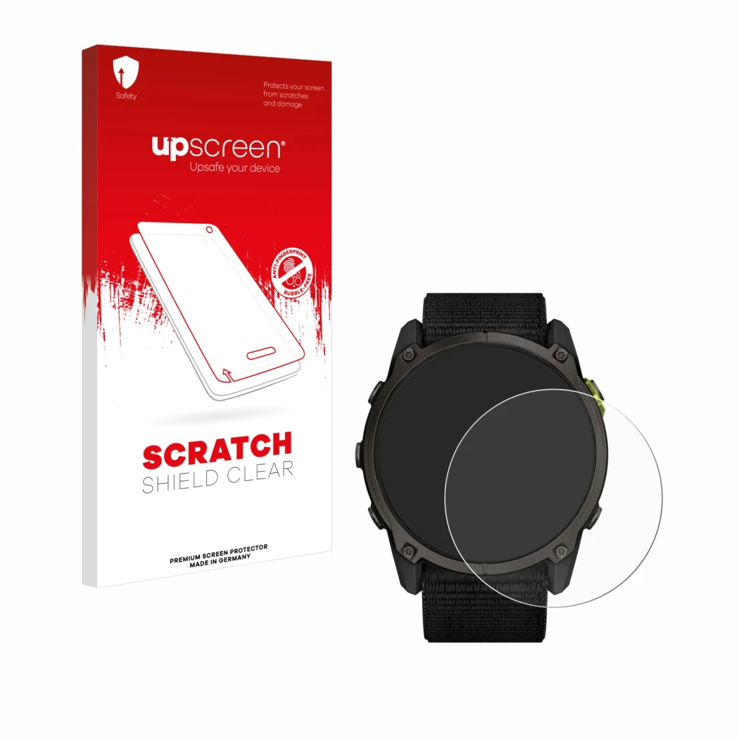 Front side of a product packaging with the brand logo upscreen. Next to it is the device Garmin Enduro 3 shown with the corres