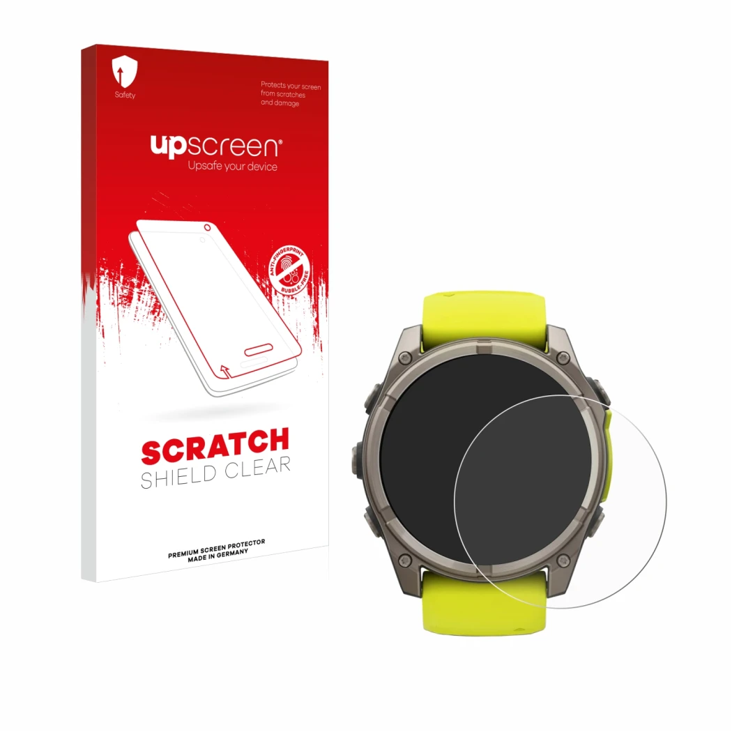 Front side of a product packaging with the brand logo upscreen. Next to it is the device Garmin Fenix 8 Solar (51 mm) shown wi