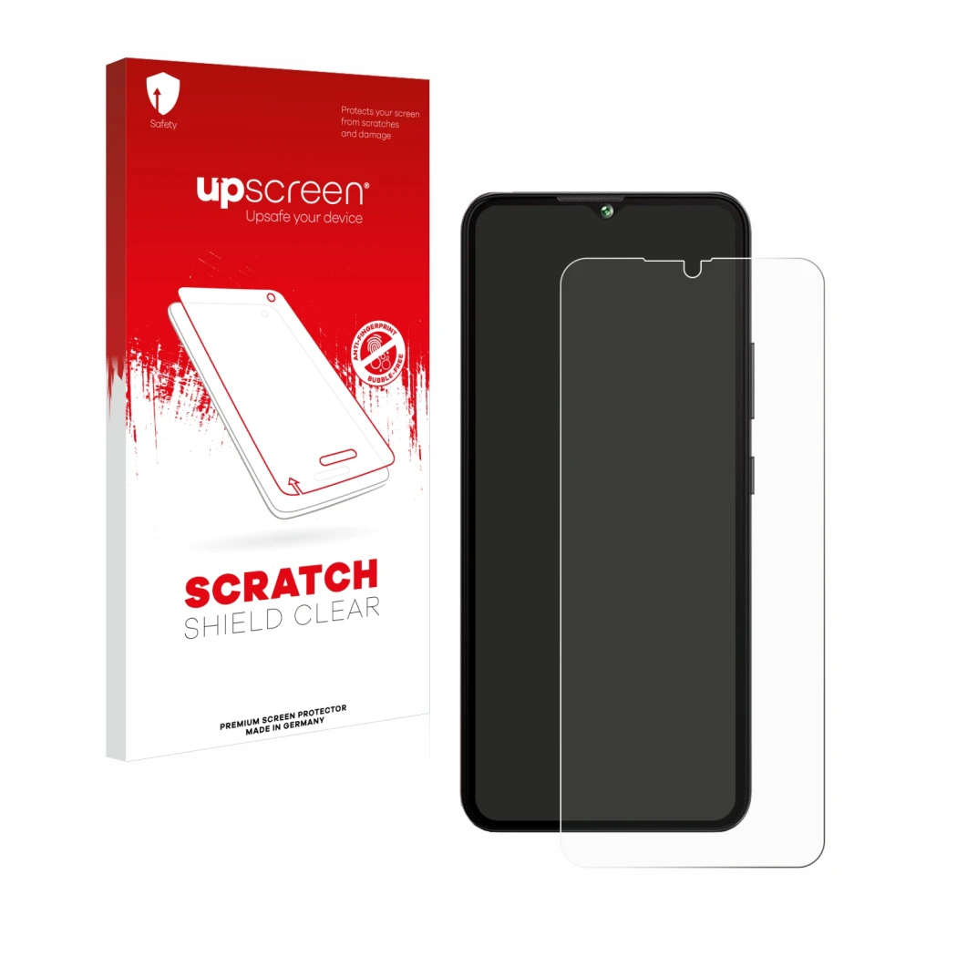 Front side of a product packaging with the brand logo upscreen. Next to it is the device Cubot A10 shown with the correspondin