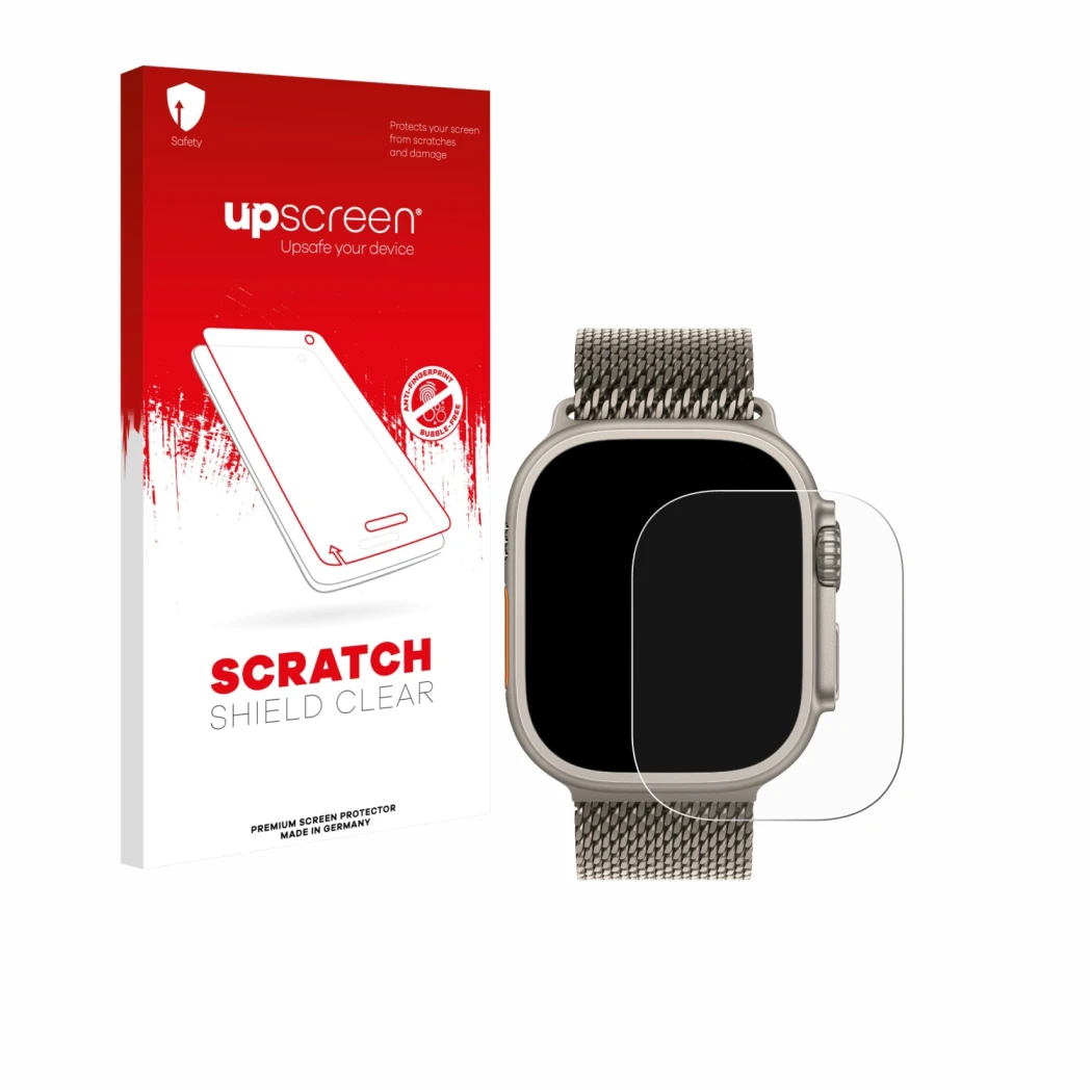 Front side of a product packaging with the brand logo upscreen. Next to it is the device Apple Watch Ultra 3 shown with the co