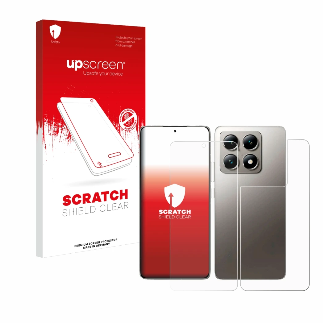 Front side of a product packaging with the brand logo upscreen. Next to it is the device Xiaomi 14T (Front+Back) shown with th