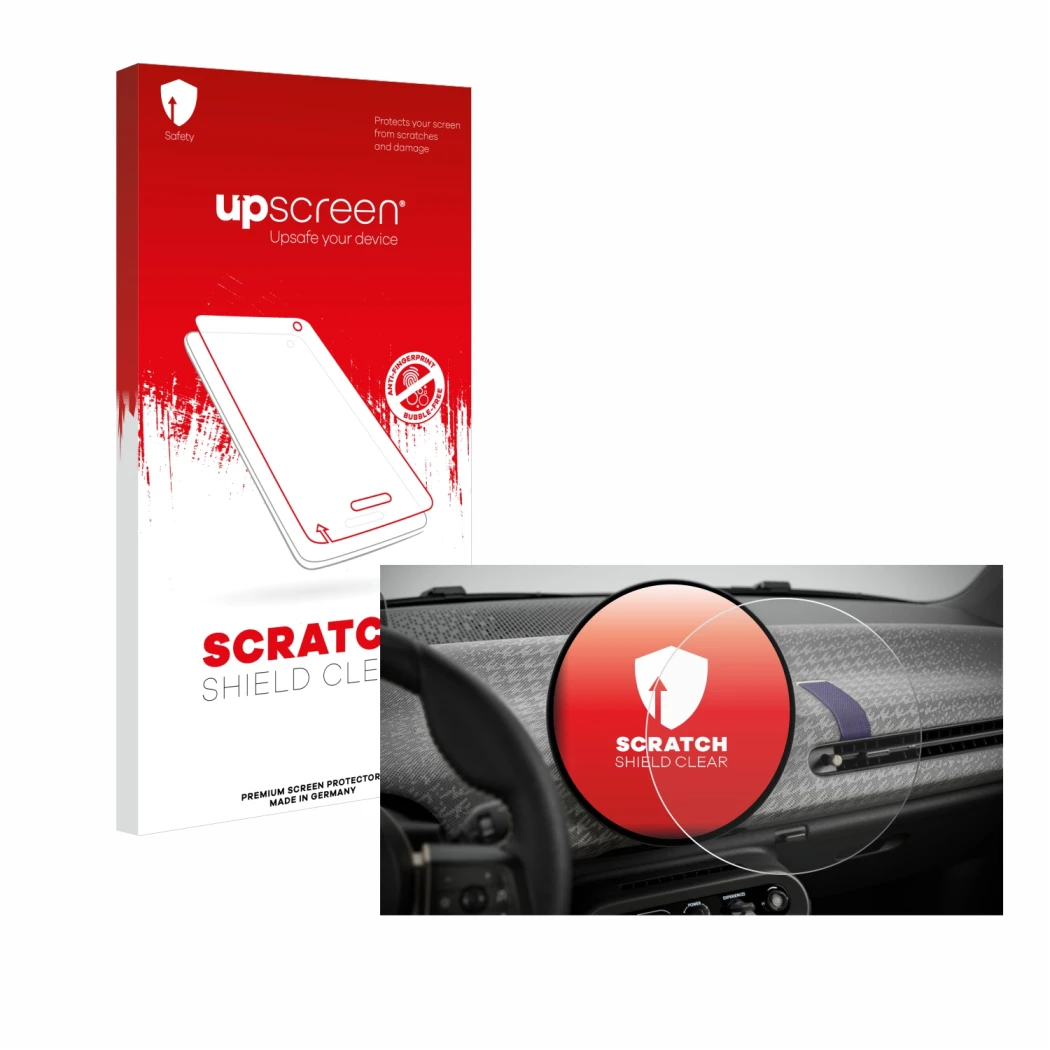 Front side of a product packaging with the brand logo upscreen. Next to it is the device Mini Cooper Electric BJ 2024 shown wi
