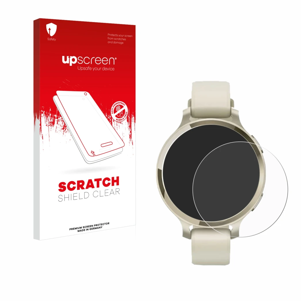 Front side of a product packaging with the brand logo upscreen. Next to it is the device Garmin Lily 2 Active shown with the c