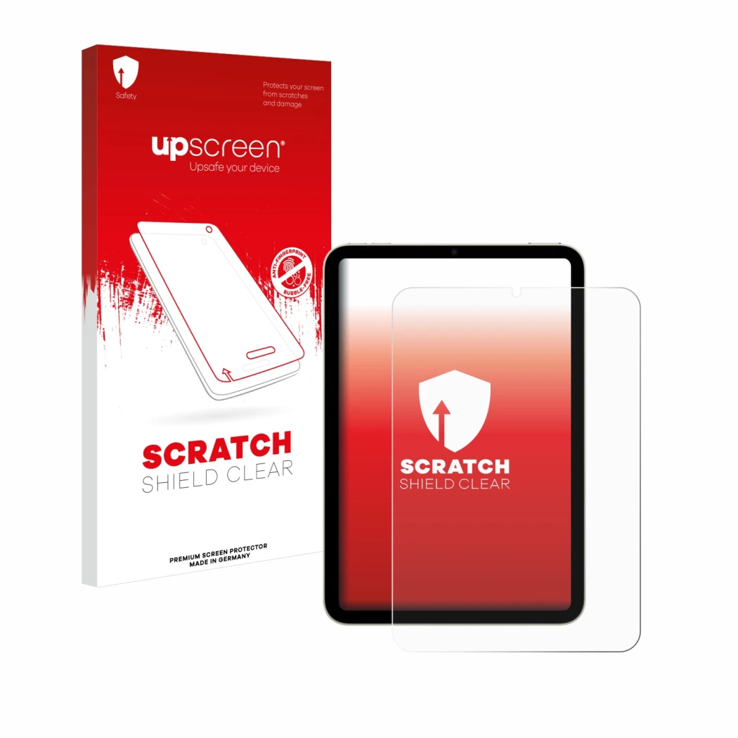 Front side of a product packaging with the brand logo upscreen. Next to it is the device Apple iPad Mini 7 2024 shown with the