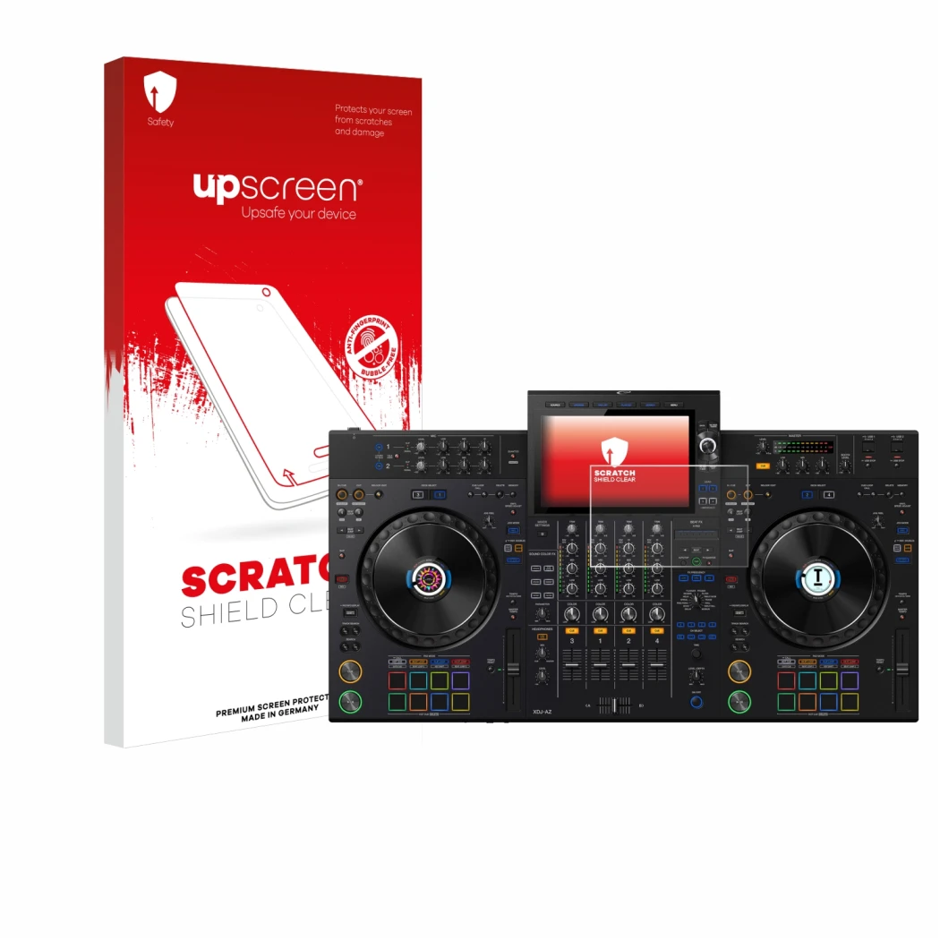 Front side of a product packaging with the brand logo upscreen. Next to it is the device AlphaTheta XDJ-AZ shown with the corr