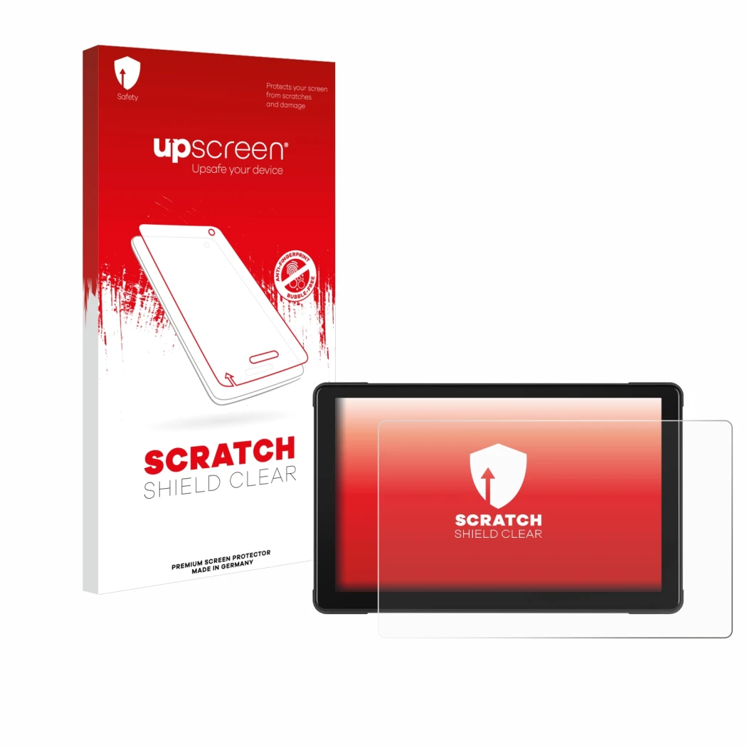 Front side of a product packaging with the brand logo upscreen. Next to it is the device Podofo Motorrad Carplay 7