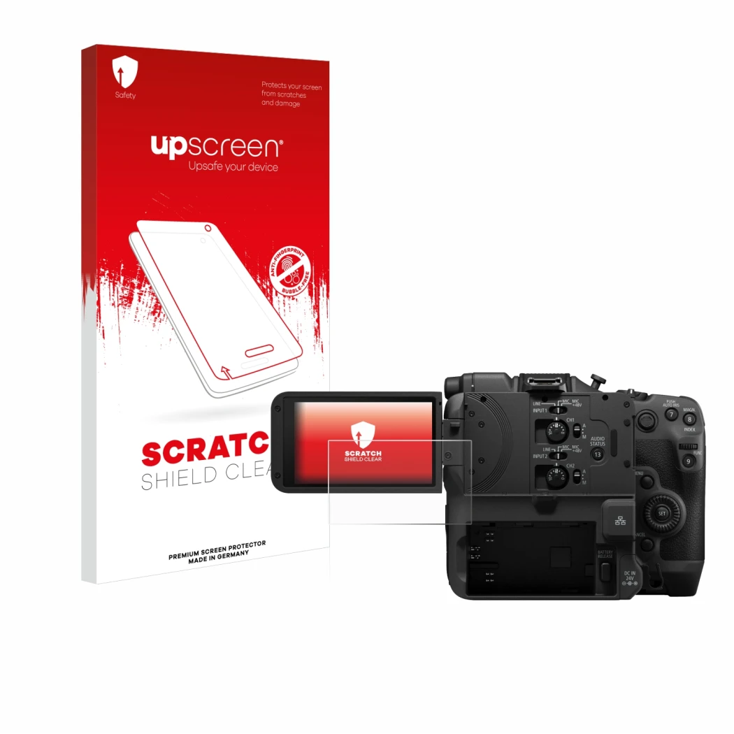 Front side of a product packaging with the brand logo upscreen. Next to it is the device Canon EOS C400 shown with the corresp