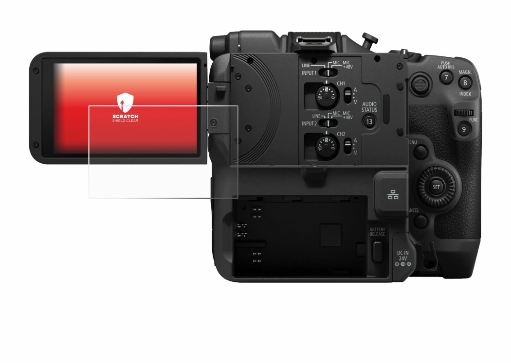 Image of the device Canon EOS C400 with a wide variety of screen protectors.