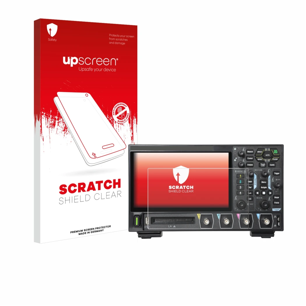 Front side of a product packaging with the brand logo upscreen. Next to it is the device Rigol DHO914 shown with the correspon