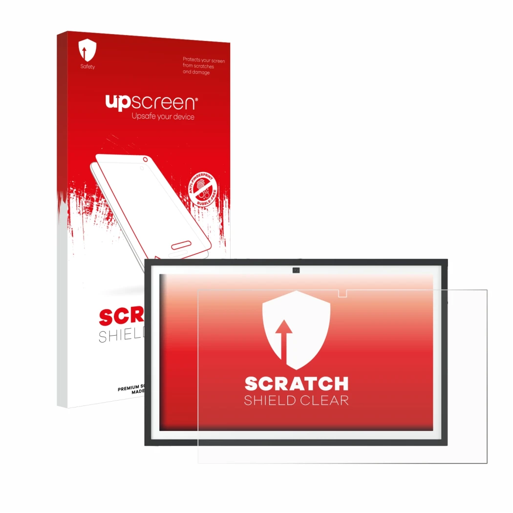 Front side of a product packaging with the brand logo upscreen. Next to it is the device Echo Show 21 shown with the correspon