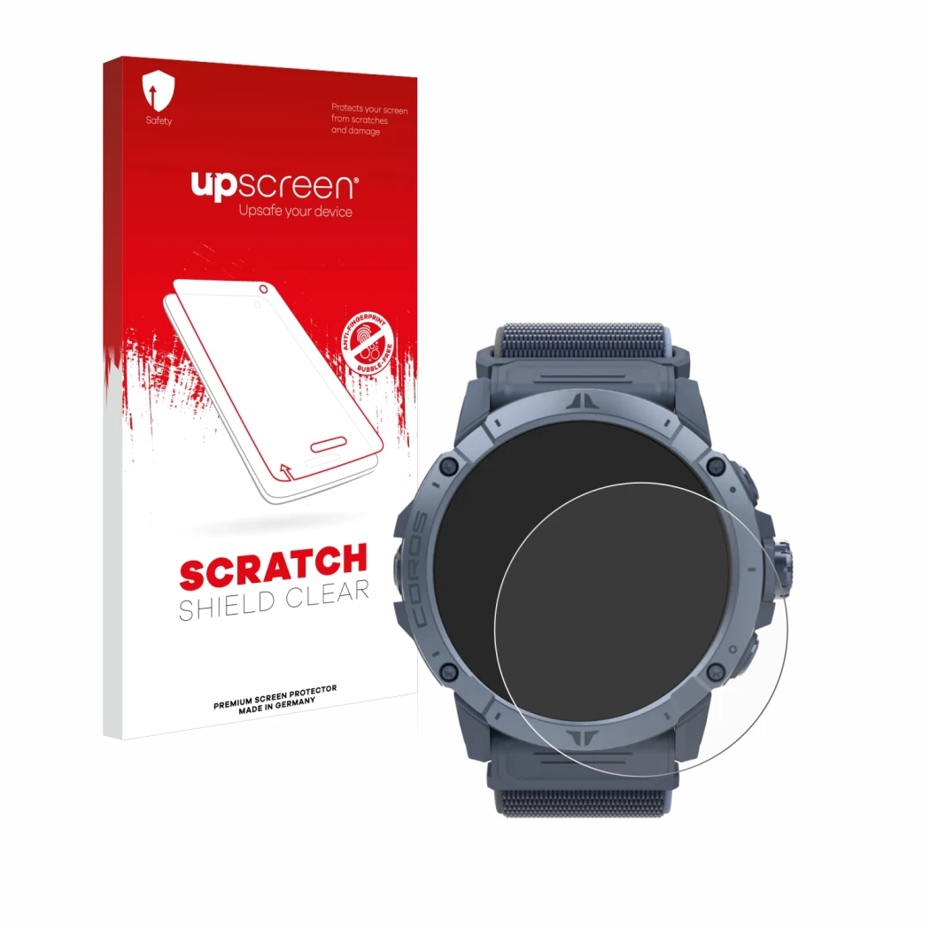 Front side of a product packaging with the brand logo upscreen. Next to it is the device Coros Vertix 2S shown with the corres