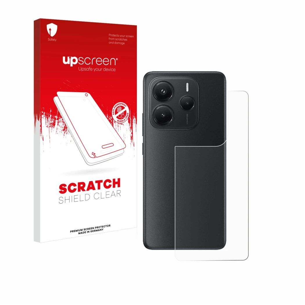Front side of a product packaging with the brand logo upscreen. Next to it is the device Xiaomi Redmi Note 14 (Back) shown wit