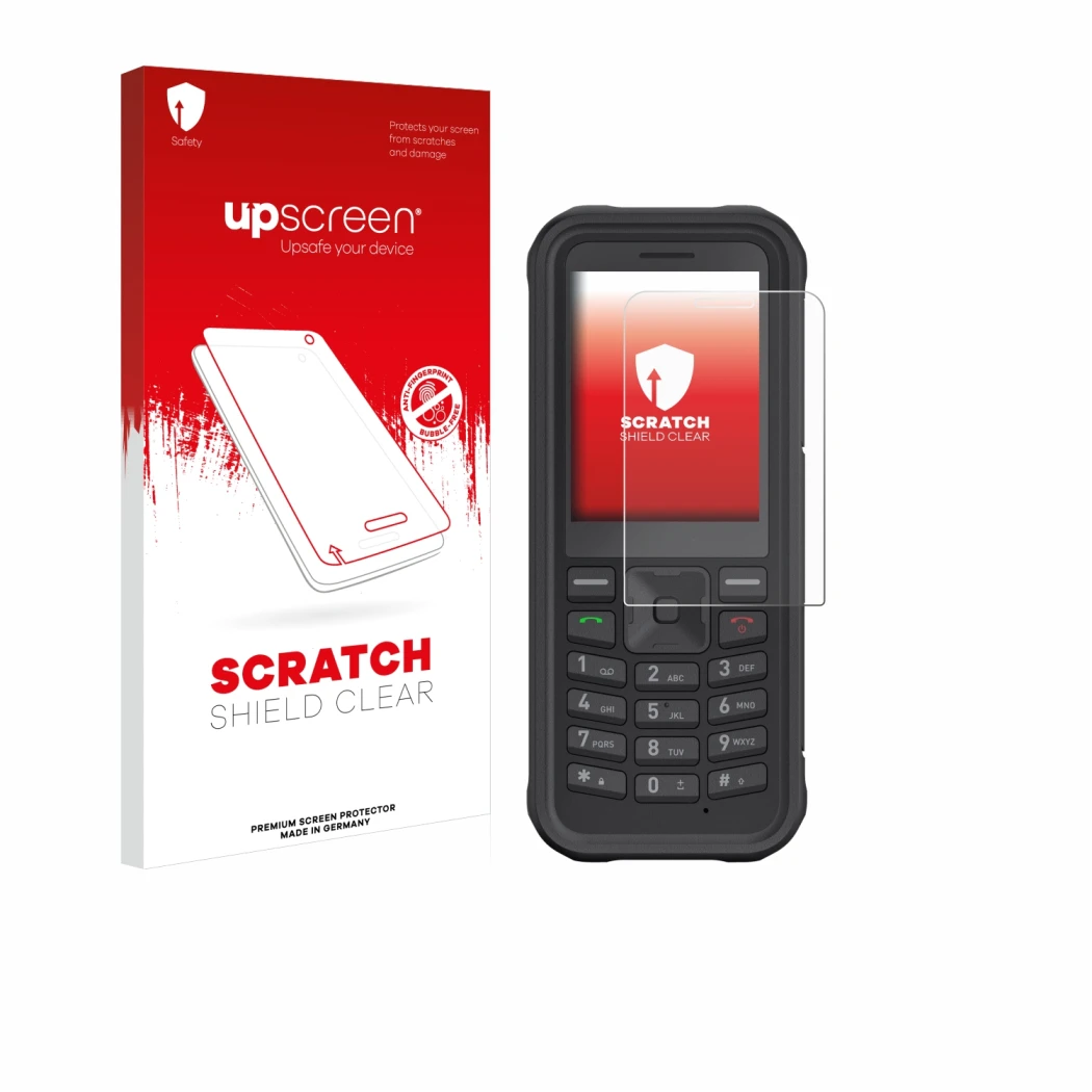 Front side of a product packaging with the brand logo upscreen. Next to it is the device Sonim XP100 shown with the correspond