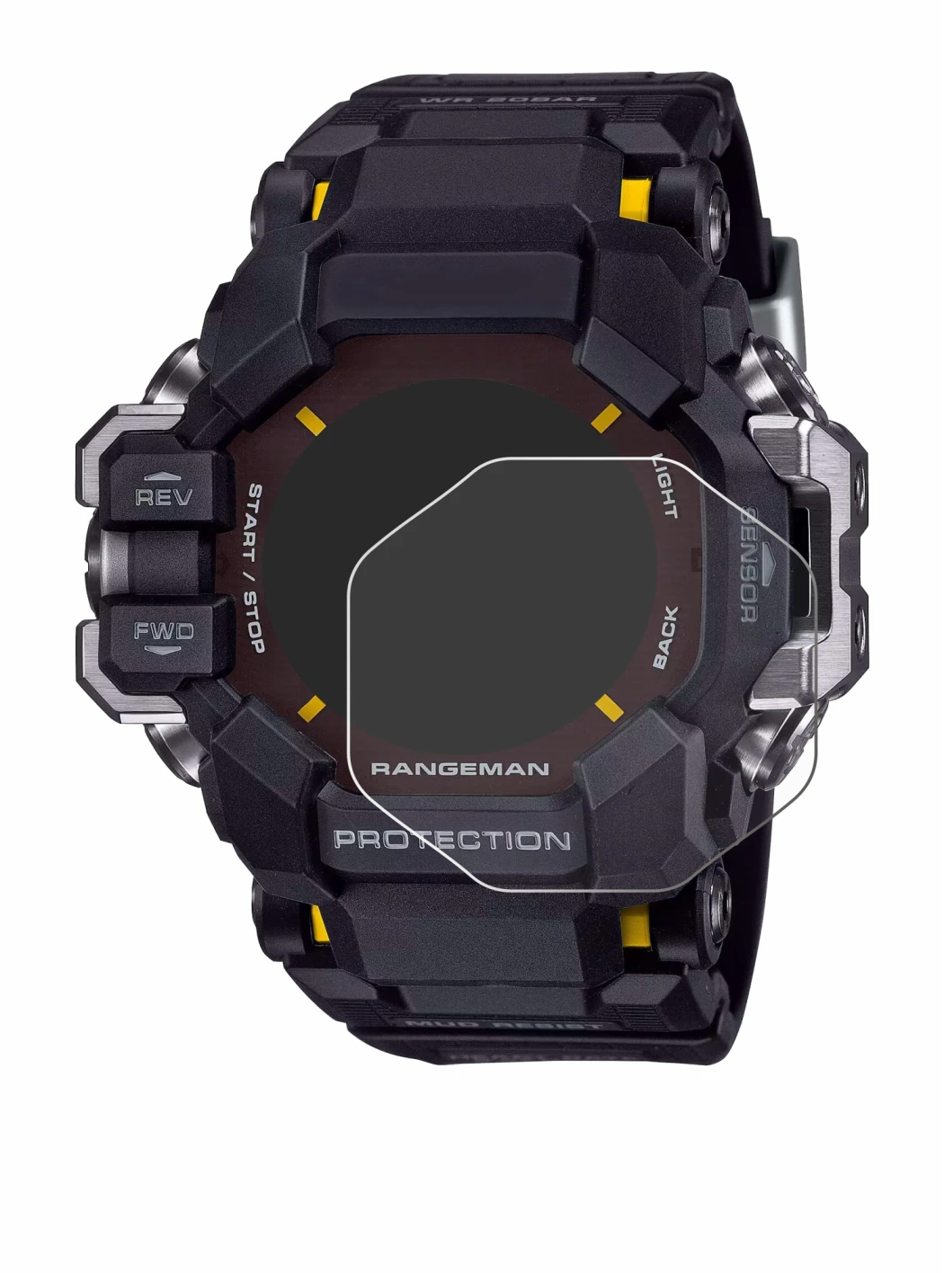 Image of the device Casio G-Shock GPR-H 1000 with a wide variety of screen protectors.