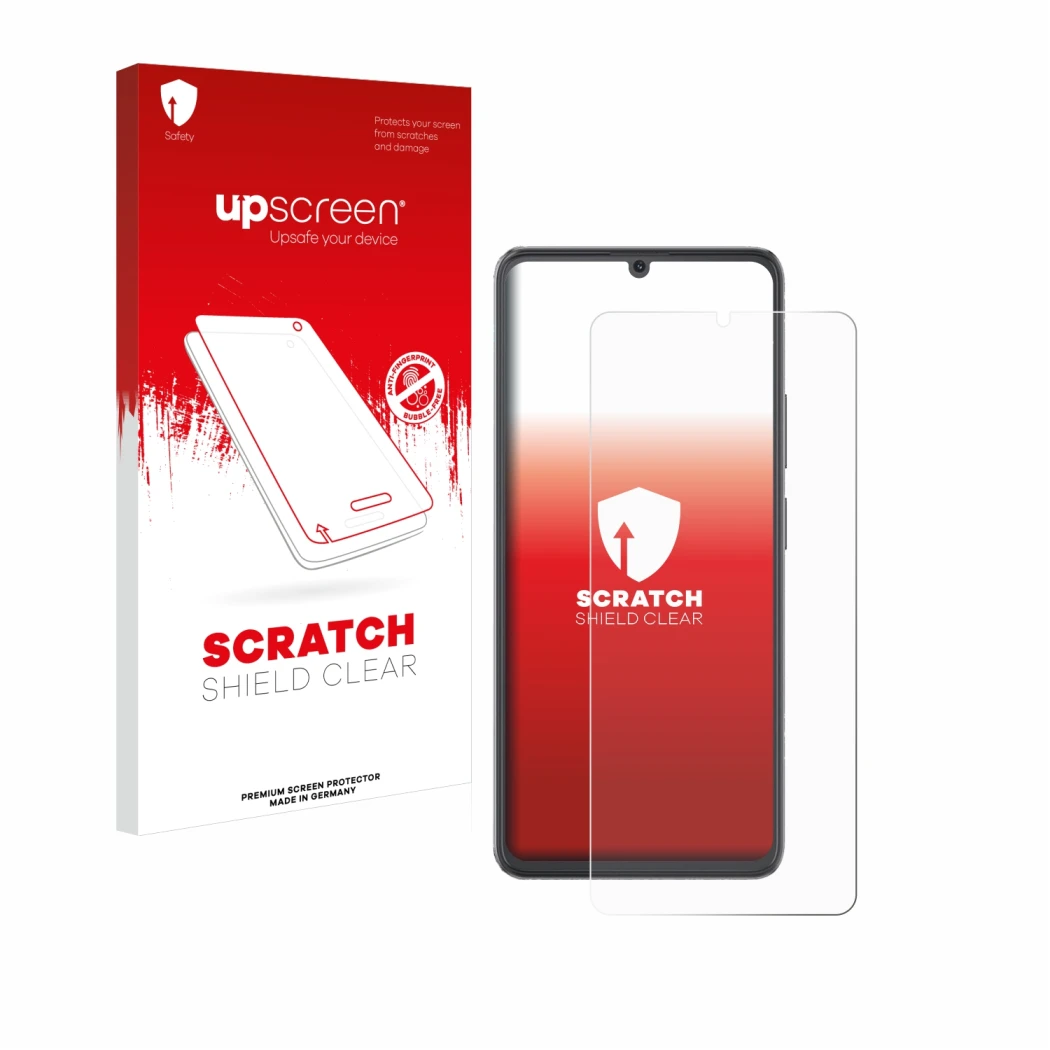 Front side of a product packaging with the brand logo upscreen. Next to it is the device Cubot A20 shown with the correspondin