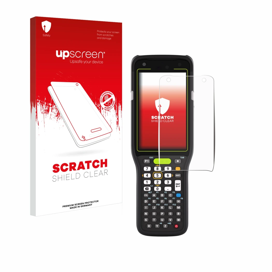 Front side of a product packaging with the brand logo upscreen. Next to it is the device Zebra MC3400 shown with the correspon