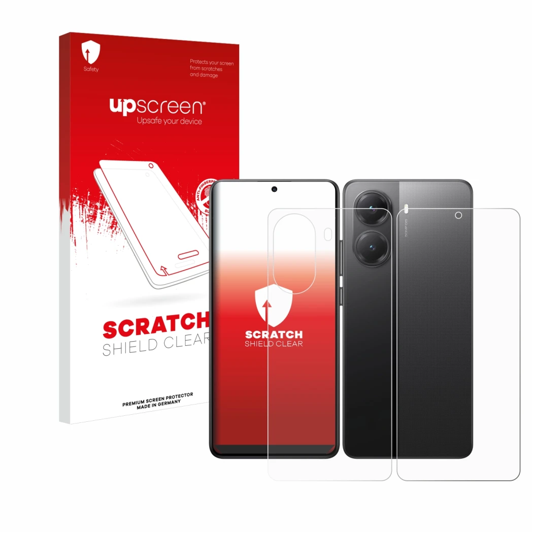 Front side of a product packaging with the brand logo upscreen. Next to it is the device Xiaomi Poco X7 Pro (Front+Back) shown