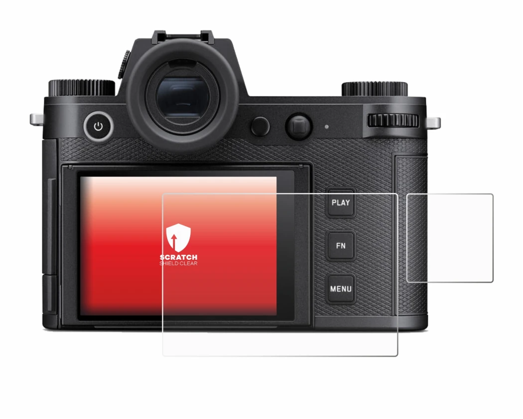 Image of the device Leica SL3-S (Display + top plate display) with a wide variety of screen protectors.