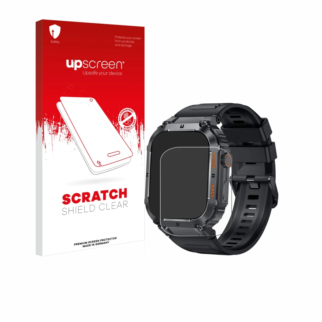 Front side of a product packaging with the brand logo upscreen. Next to it is the device bedee Smartwatch 1.96