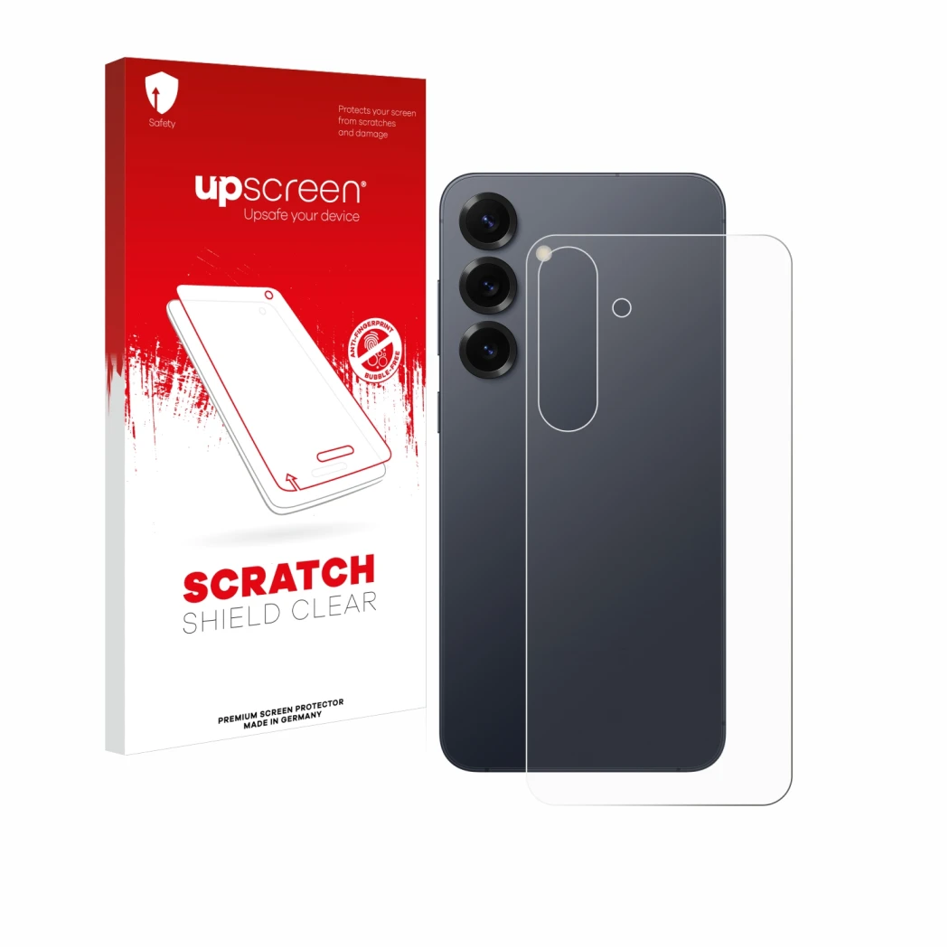 Front side of a product packaging with the brand logo upscreen. Next to it is the device Samsung Galaxy S25 Plus (Back) shown 