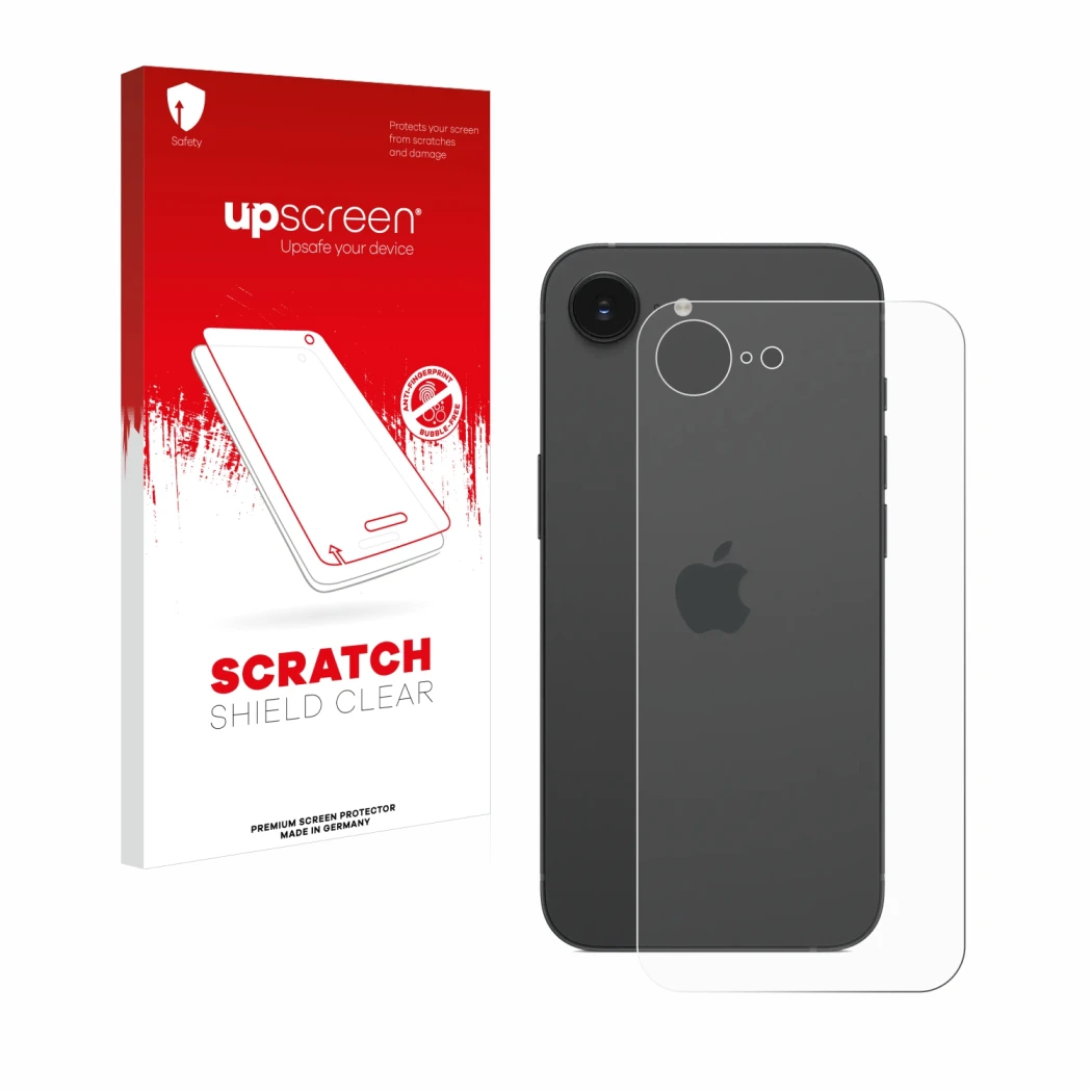 Front side of a product packaging with the brand logo upscreen. Next to it is the device Apple iPhone 16e (Back) shown with th