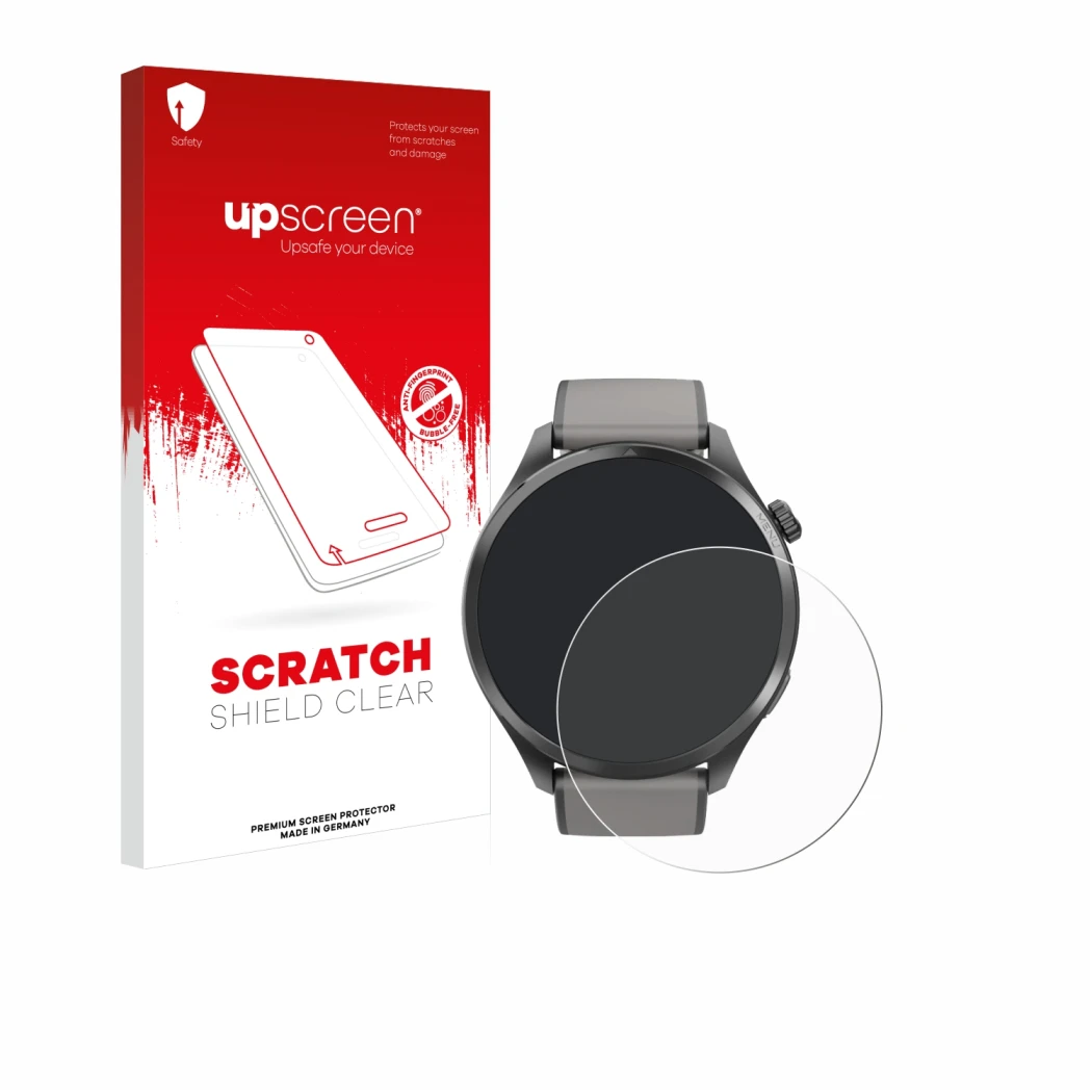 Front side of a product packaging with the brand logo upscreen. Next to it is the device Hama Smartwatch 9000 shown with the c