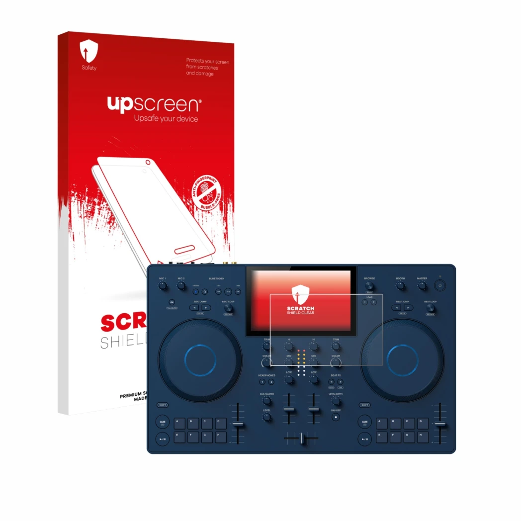 Front side of a product packaging with the brand logo upscreen. Next to it is the device AlphaTheta OMNIS-Duo (Jog) shown with