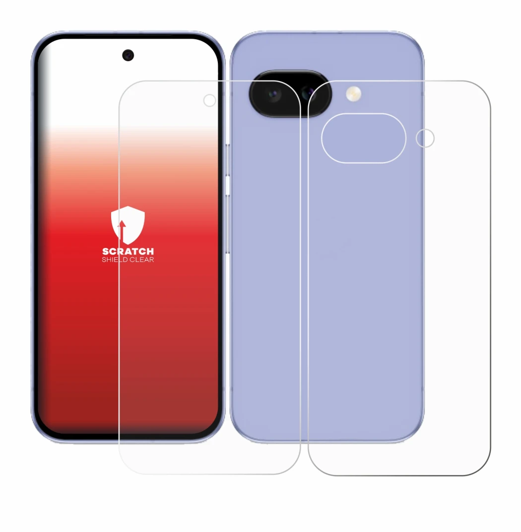 Image of the device Google Pixel 9a (Front+Back) with a wide variety of screen protectors.