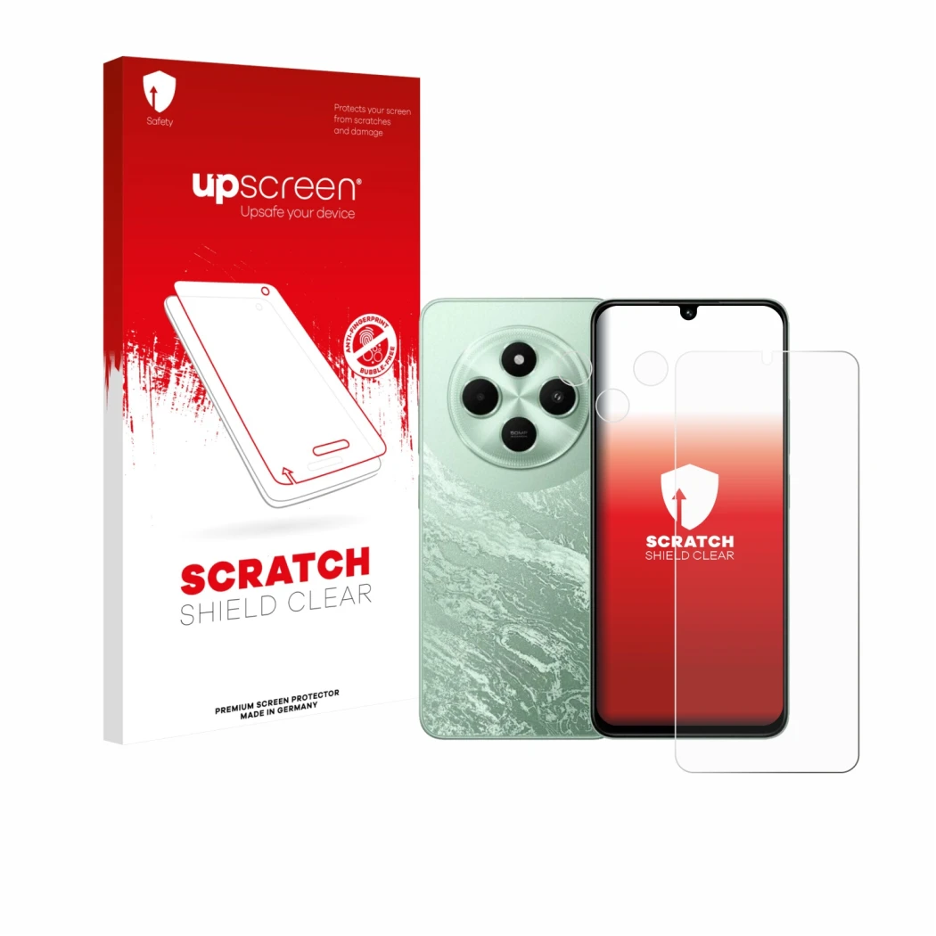 Front side of a product packaging with the brand logo upscreen. Next to it is the device Xiaomi Poco C75 (Front+Camera) shown