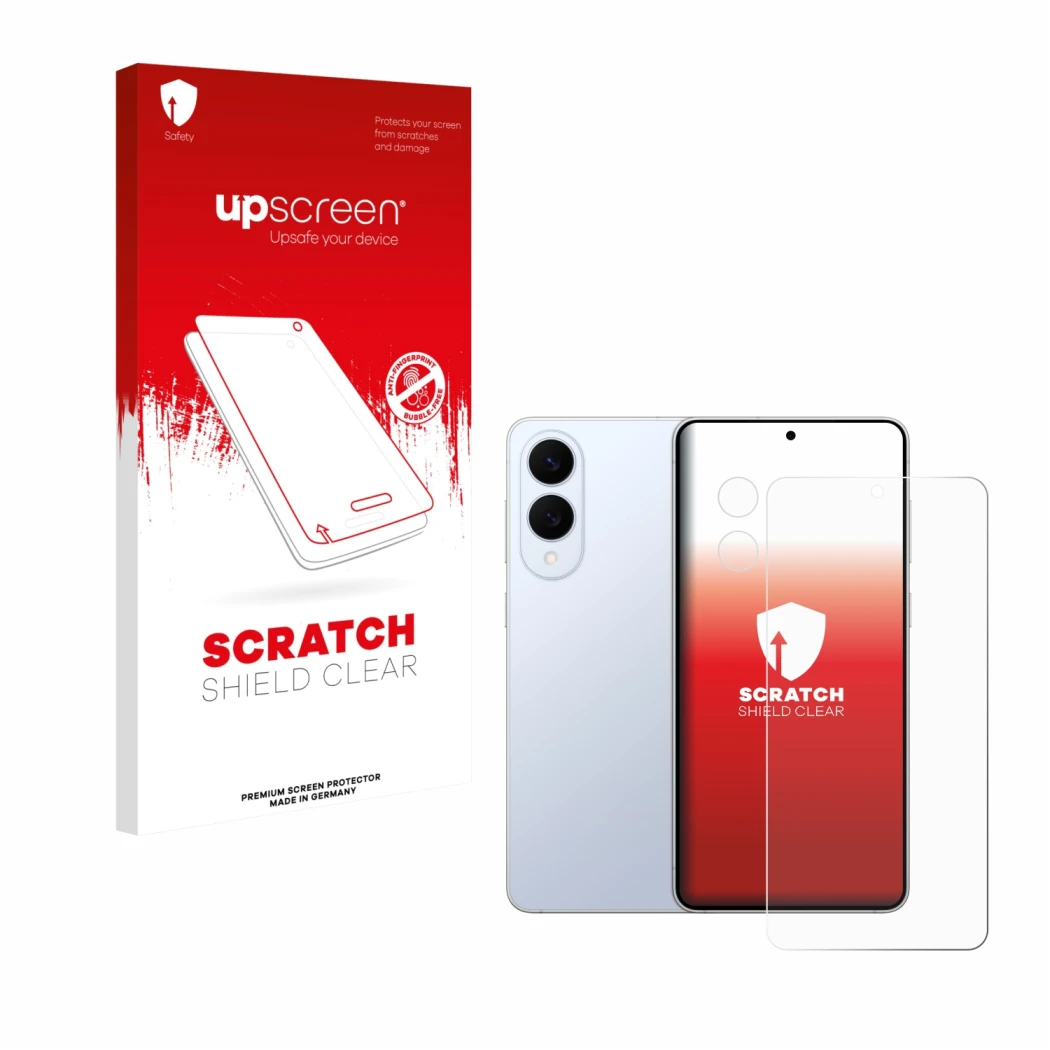 Front side of a product packaging with the brand logo upscreen. Next to it is the device Samsung Galaxy S25 Edge (Front+Camera