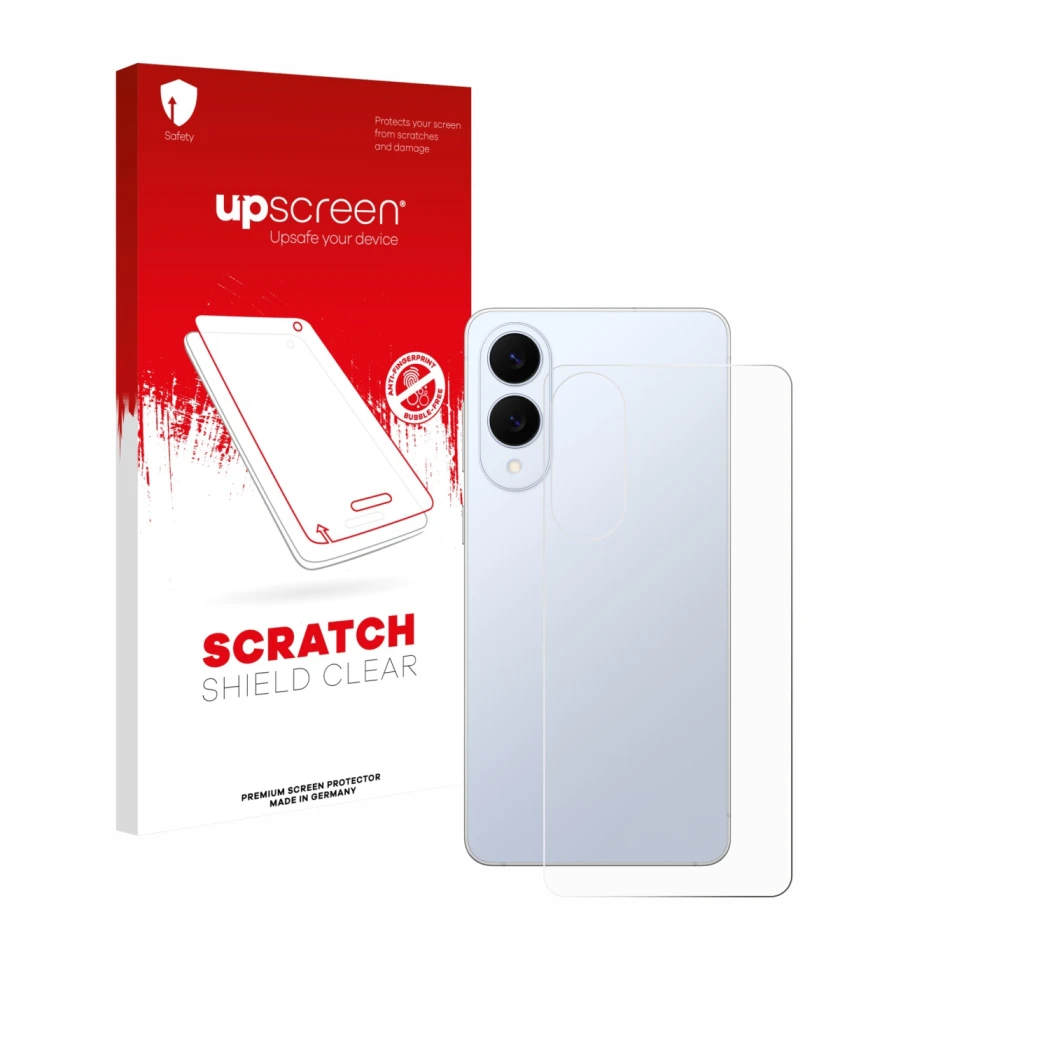 Front side of a product packaging with the brand logo upscreen. Next to it is the device Samsung Galaxy S25 Edge (Back) shown