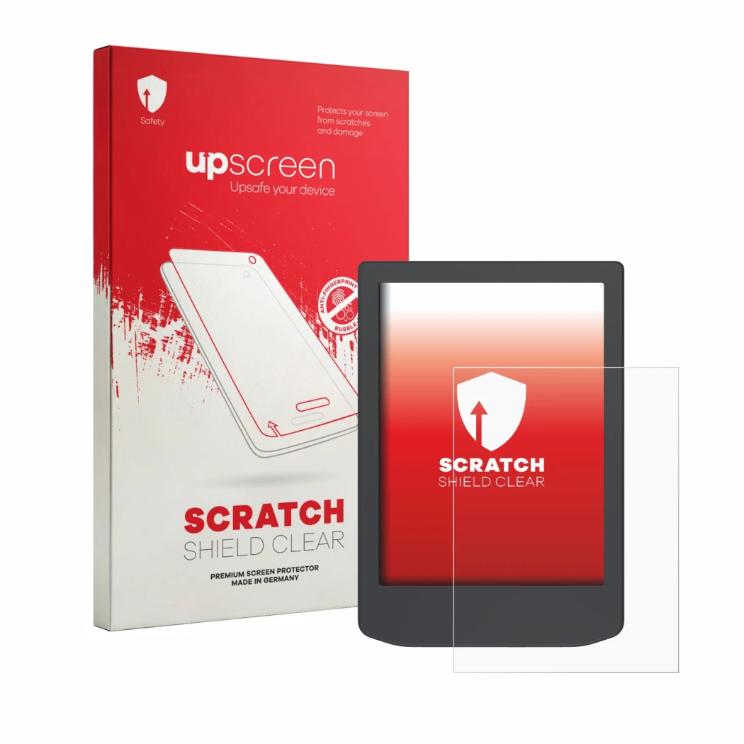 Front side of a product packaging with the brand logo upscreen. Next to it is the device PocketBook Verse Lite shown with the 